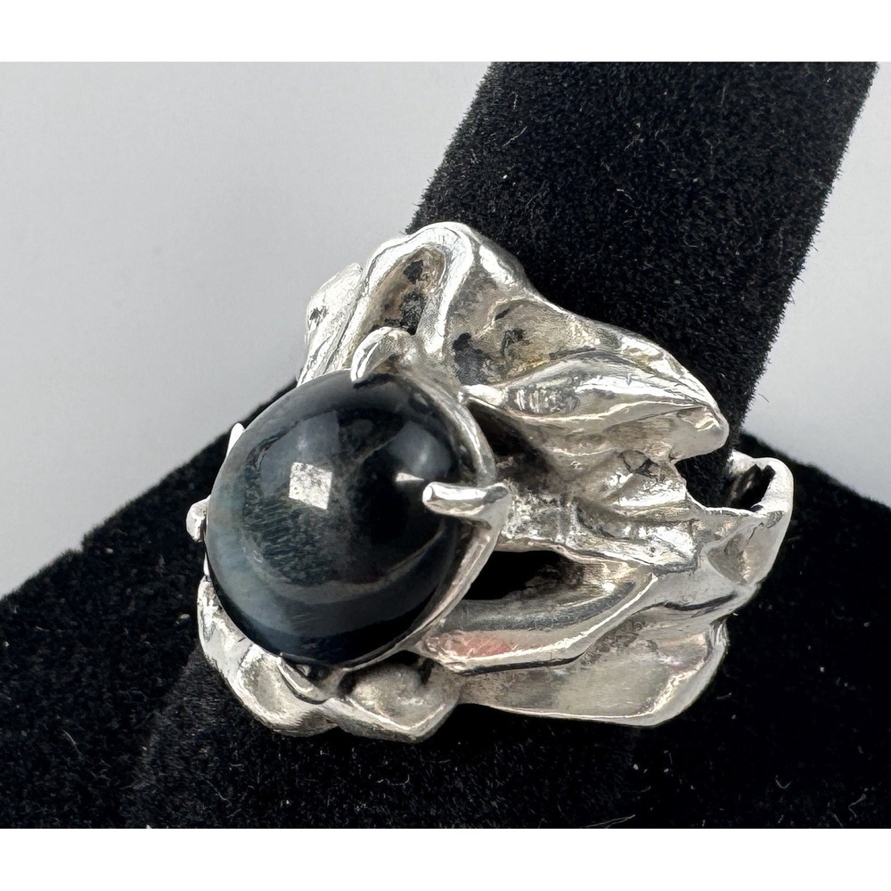 Hawk's Eye Blue Tiger Eye Sterling Silver Brutalist Ring Size 7.25 10.6g